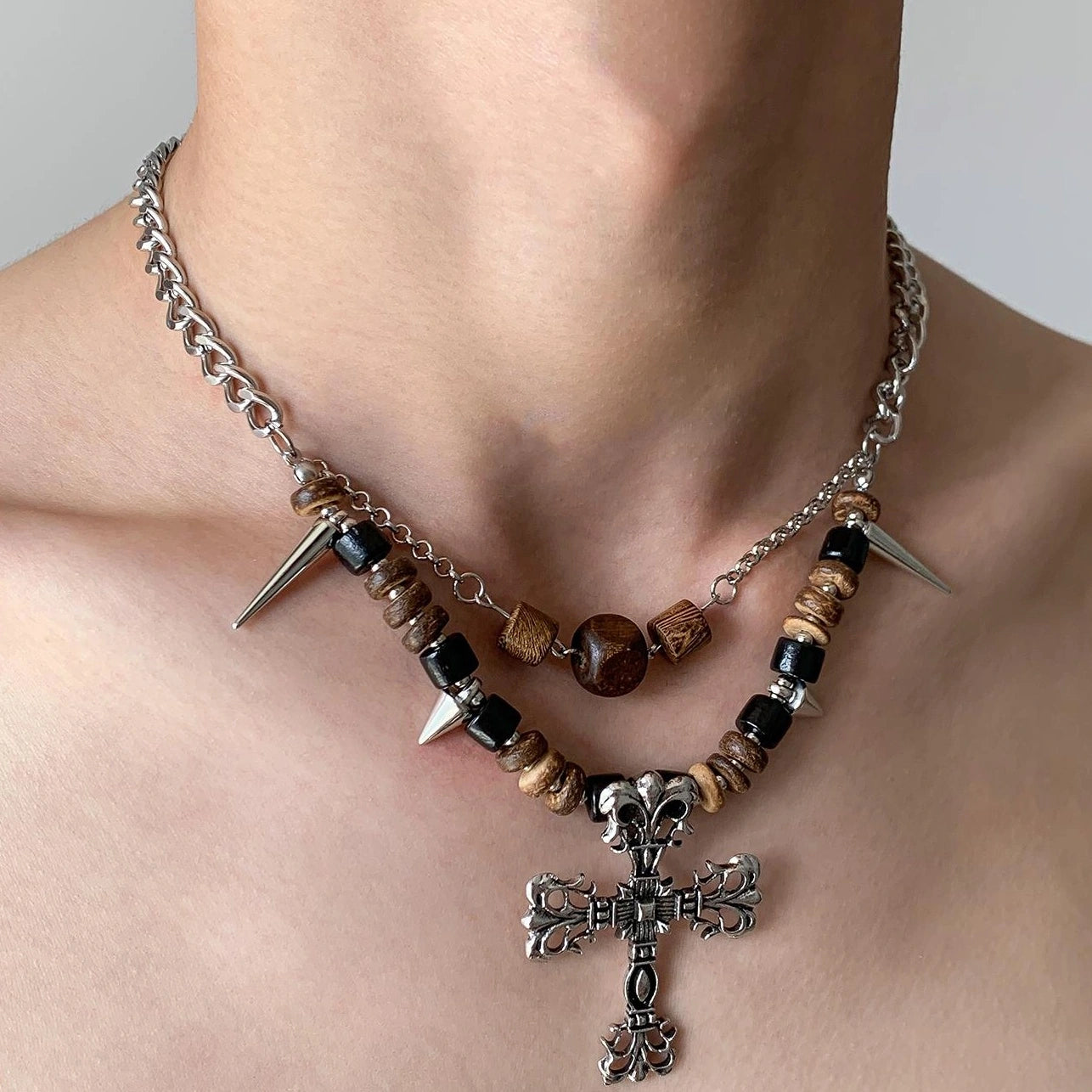 Accessories Punk Wood Bead Rivet Cross Pendant Necklace
