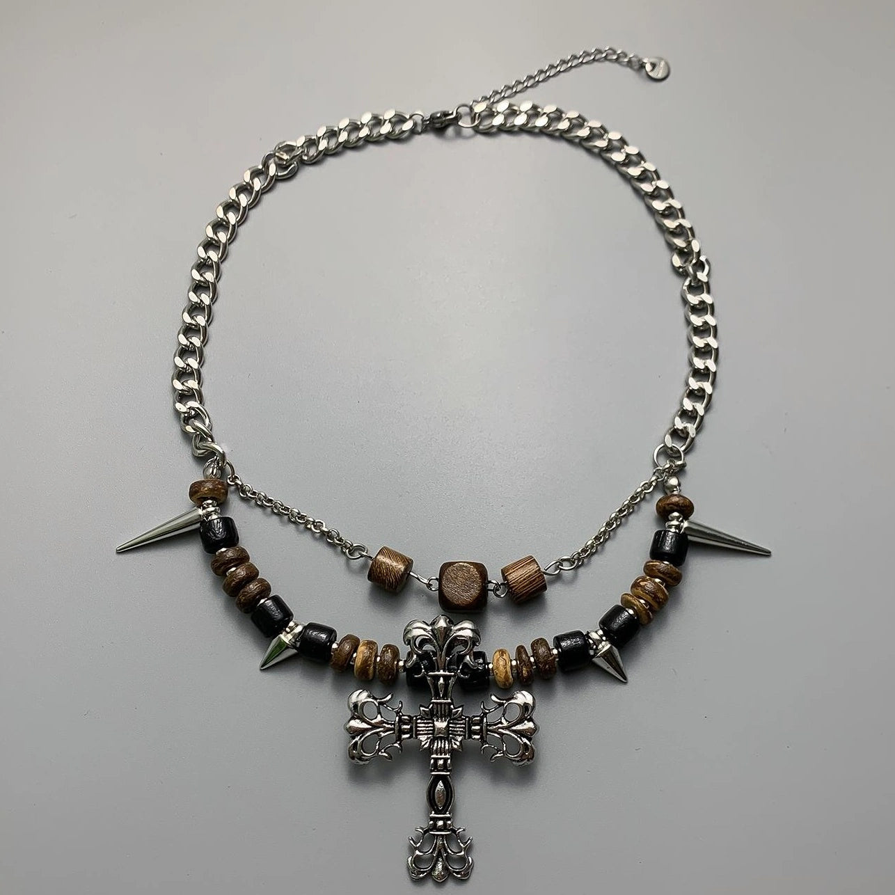 Accessories Punk Wood Bead Rivet Cross Pendant Necklace