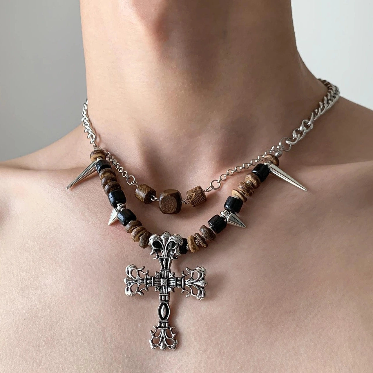 Accessories Punk Wood Bead Rivet Cross Pendant Necklace