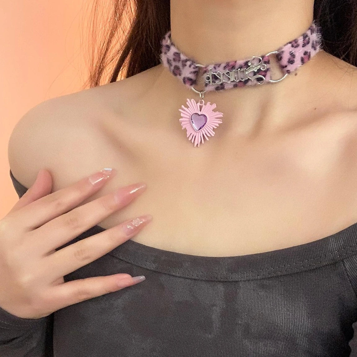 Accessories Purple Leopard Heart Choker Necklace