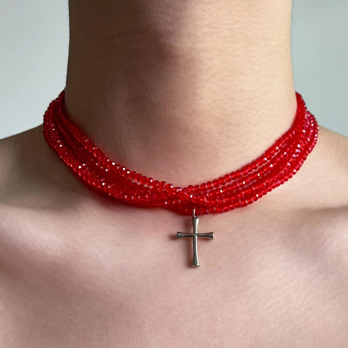 Accessories Red Beaded Cross Choker Multi Layer Statement Necklace