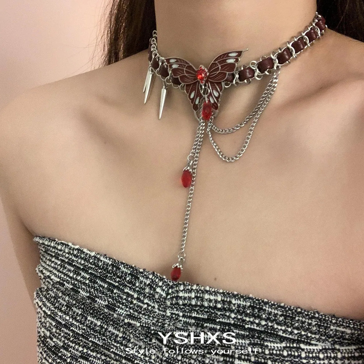 Accessories Red Butterfly Studded Chain Leather Choker