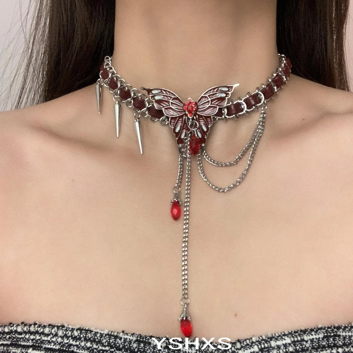 Accessories Red Butterfly Studded Chain Leather Choker