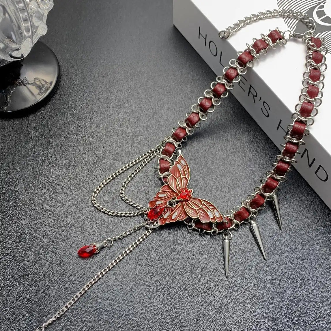 Accessories Red Butterfly Studded Chain Leather Choker