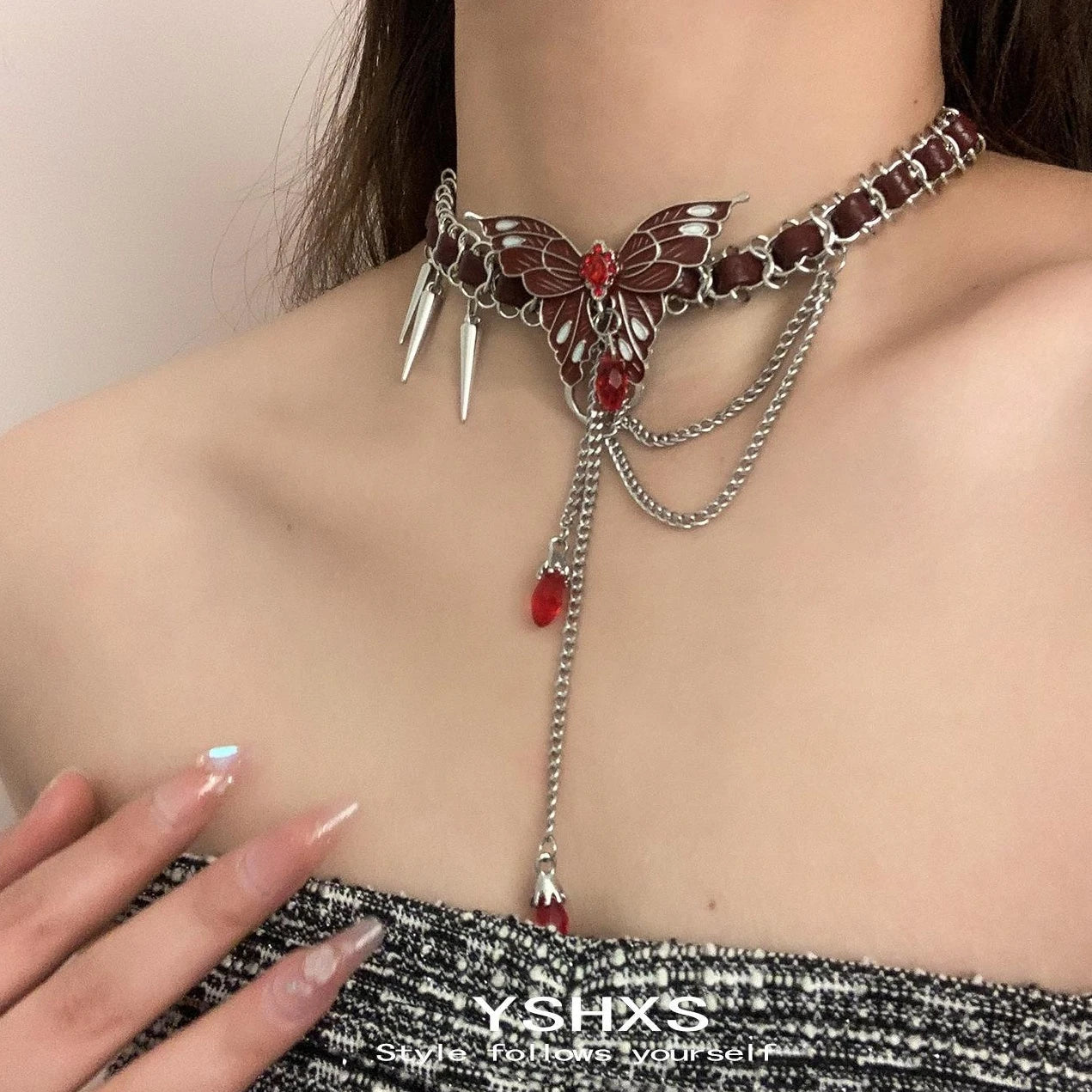 Accessories Red Butterfly Studded Chain Leather Choker