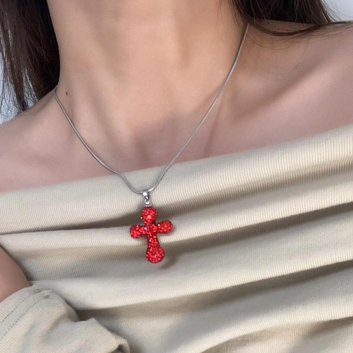 Accessories Red Cross Pendant Crystal Choker Necklace