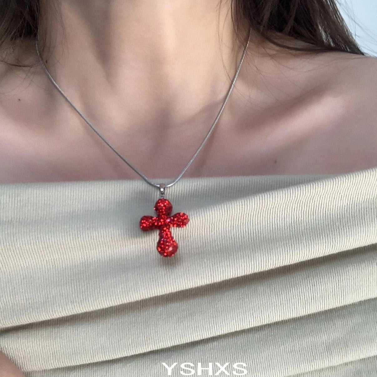 Accessories Red Cross Pendant Crystal Choker Necklace