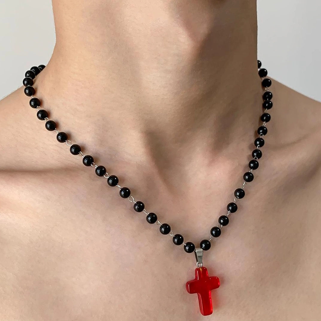 Accessories Red Crystal Cross Beaded Choker Necklace