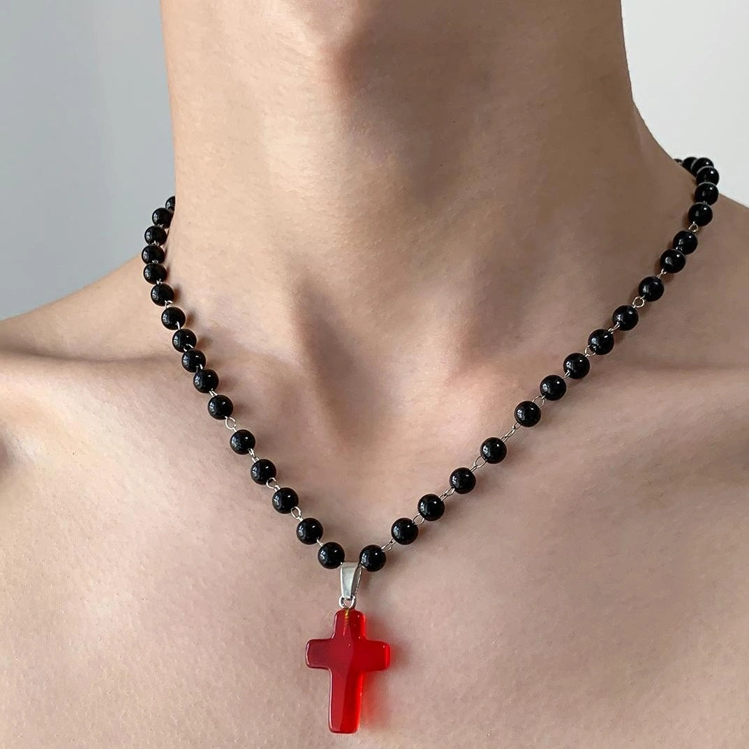 Accessories Red Crystal Cross Beaded Choker Necklace