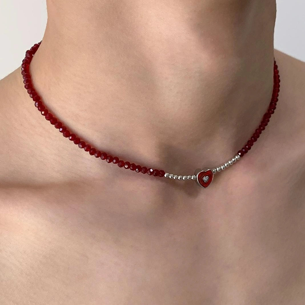 Accessories Red Crystal Heart Beaded Chain Necklace