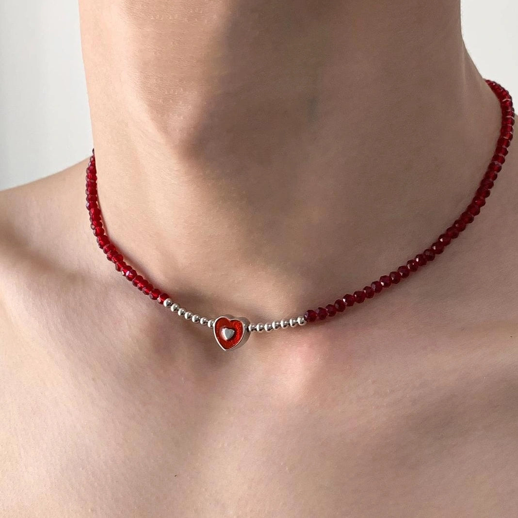 Accessories Red Crystal Heart Beaded Chain Necklace