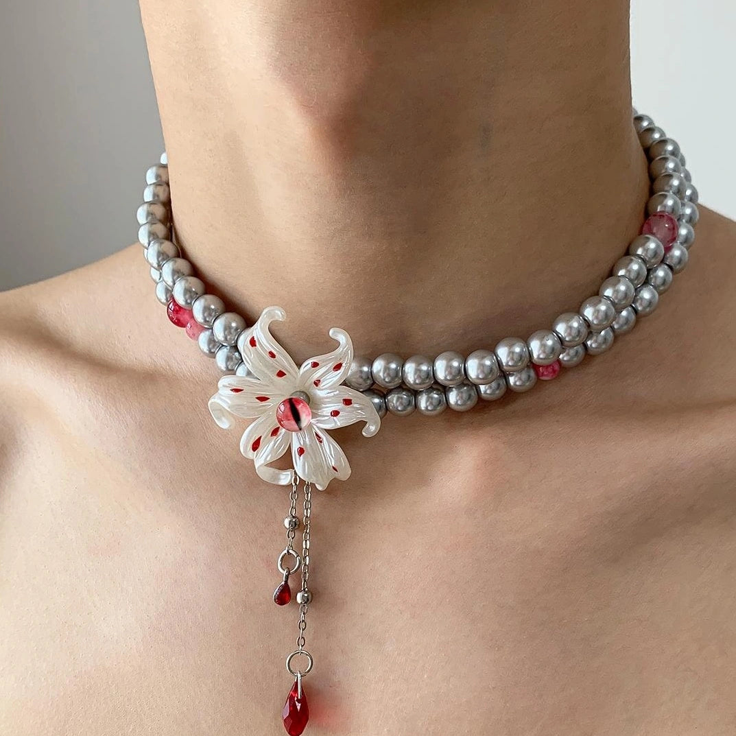 Accessories Red Flower Fringe Pearl Choker Necklace