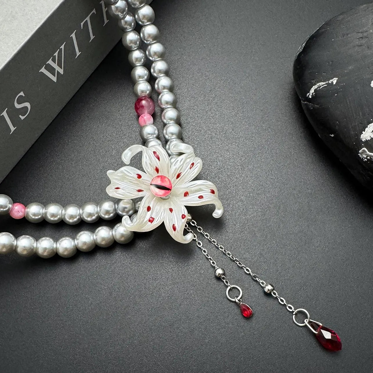 Accessories Red Flower Fringe Pearl Choker Necklace