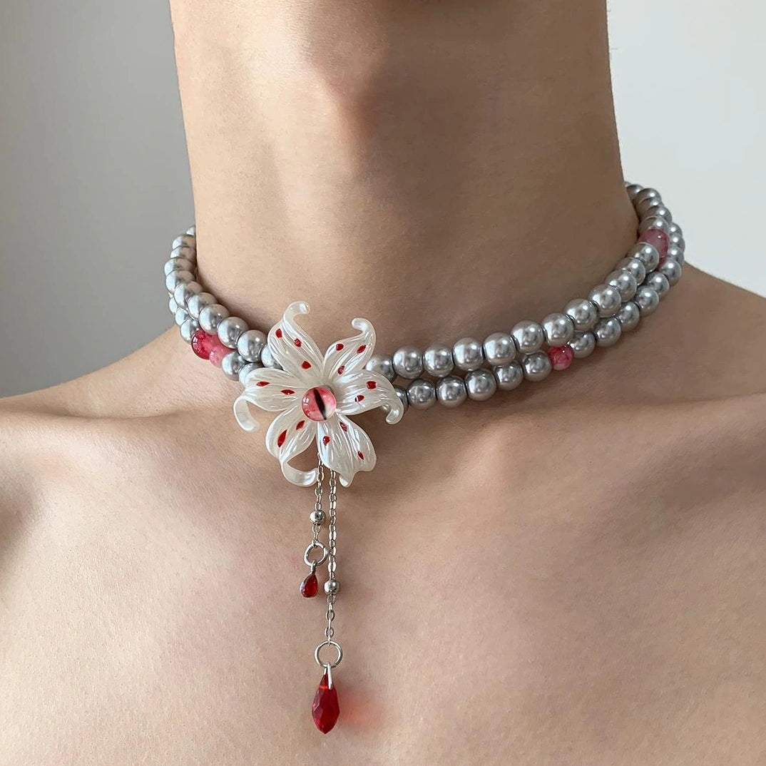 Accessories Red Flower Fringe Pearl Choker Necklace