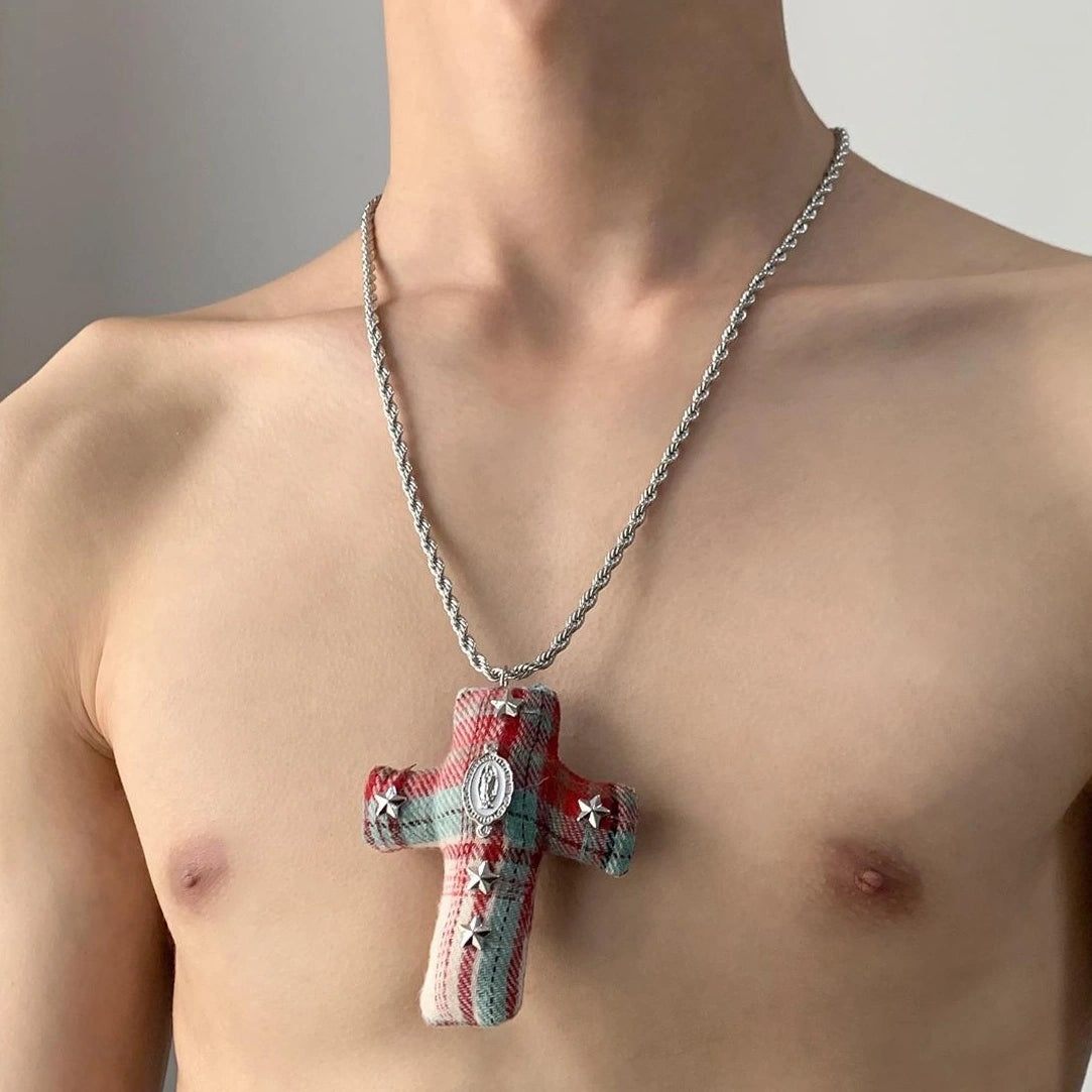 Accessories Red Plaid Cross Patchwork Long Pendant Necklace