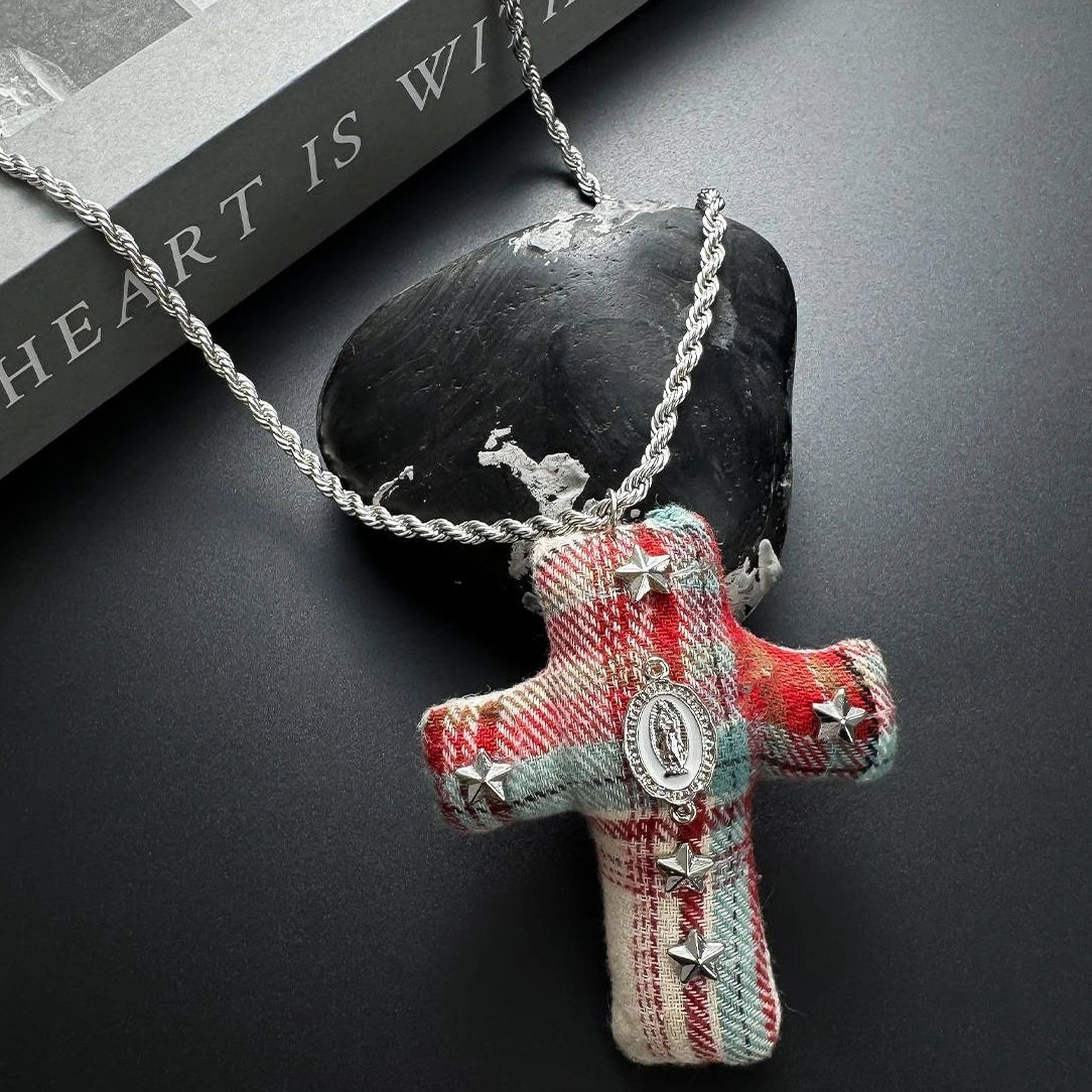 Accessories Red Plaid Cross Patchwork Long Pendant Necklace
