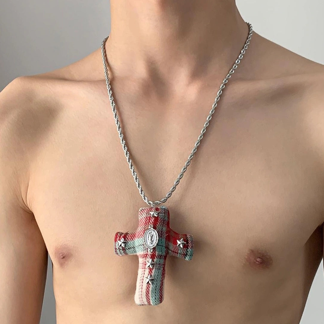 Accessories Red Plaid Cross Patchwork Long Pendant Necklace