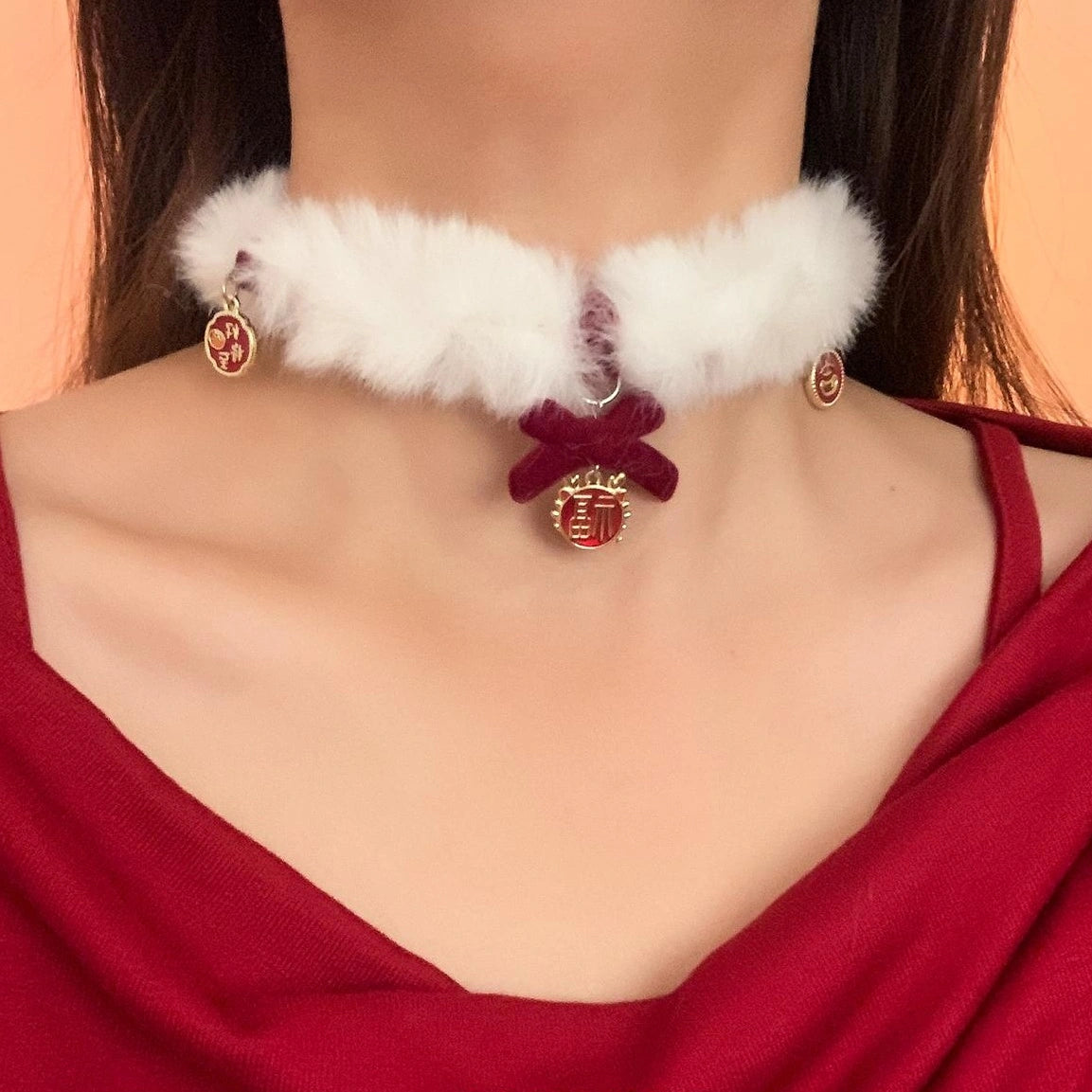 Accessories Red Velvet Bow Choker With Embroidered Luck Charm