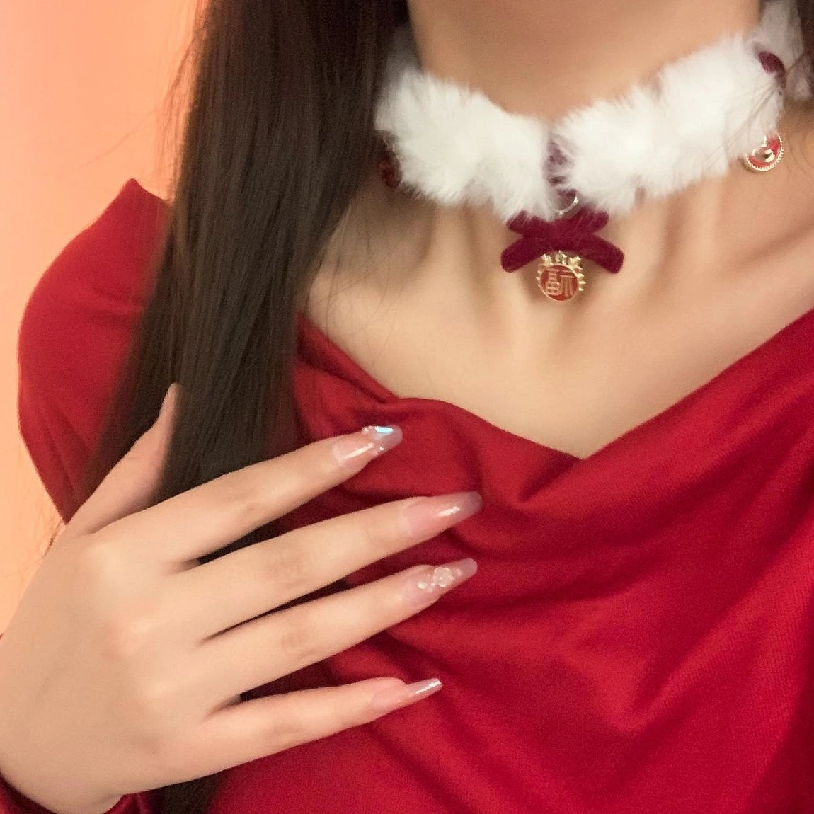 Accessories Red Velvet Bow Choker With Embroidered Luck Charm