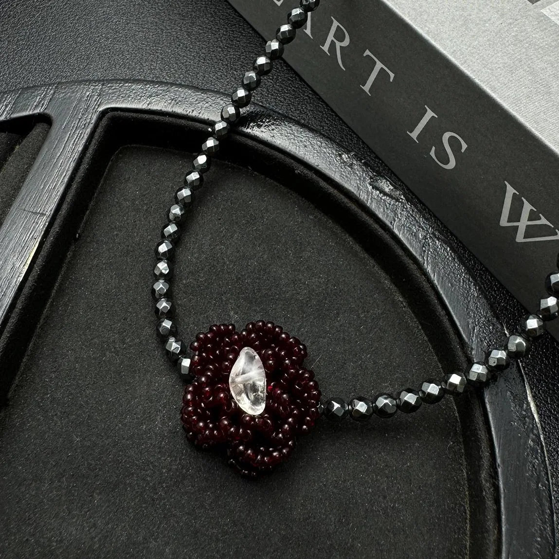 Accessories Red Woven Beaded Flower Black Onyx Choker Necklace