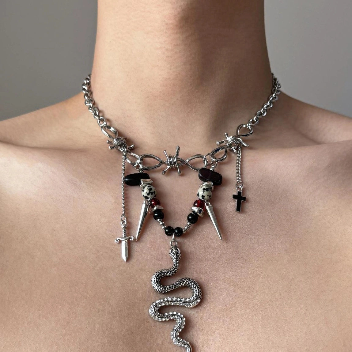 Accessories Retro Punk Snake Chain Fringe Beaded Drop Necklace