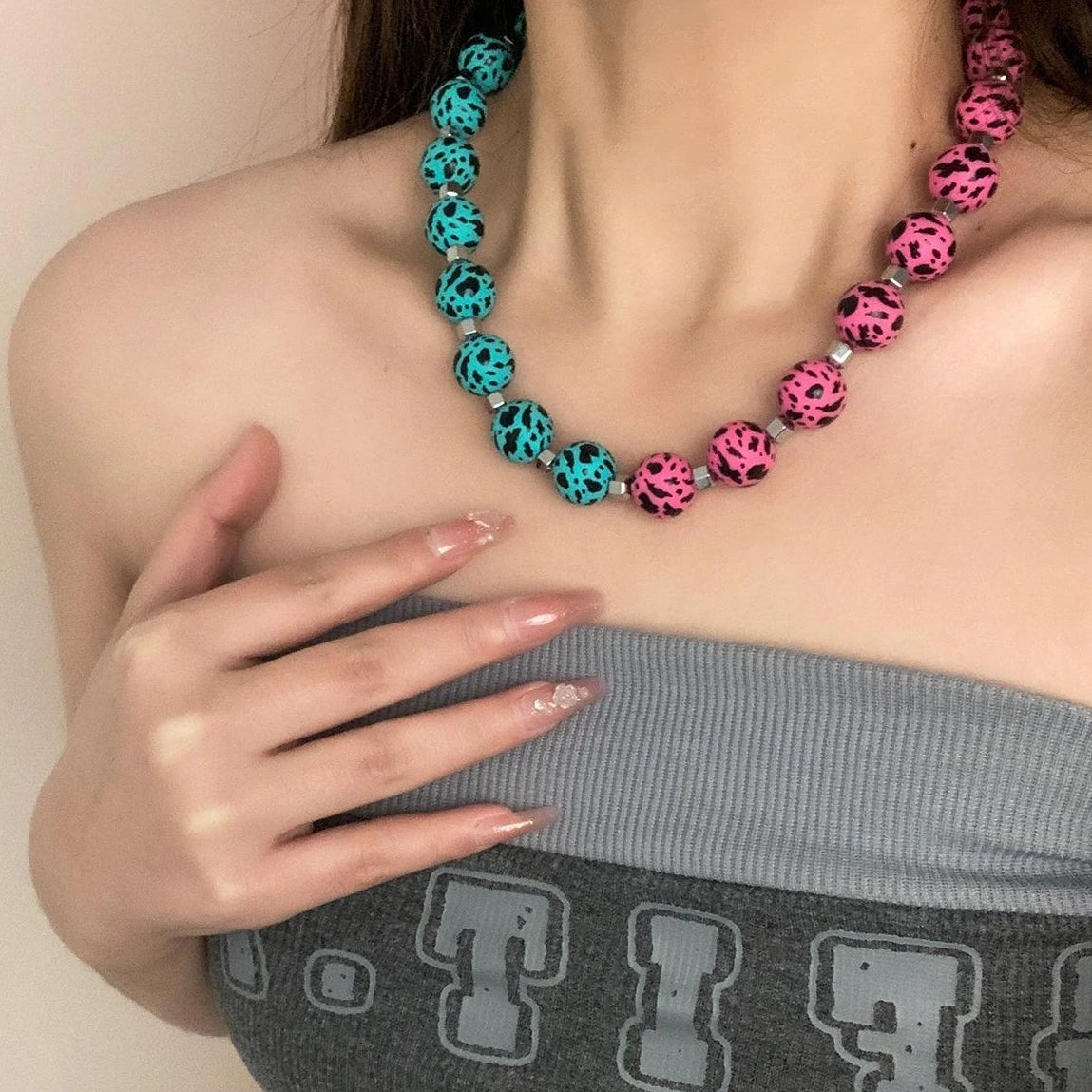 Accessories Rubber Bead Leopard Print Statement Necklace