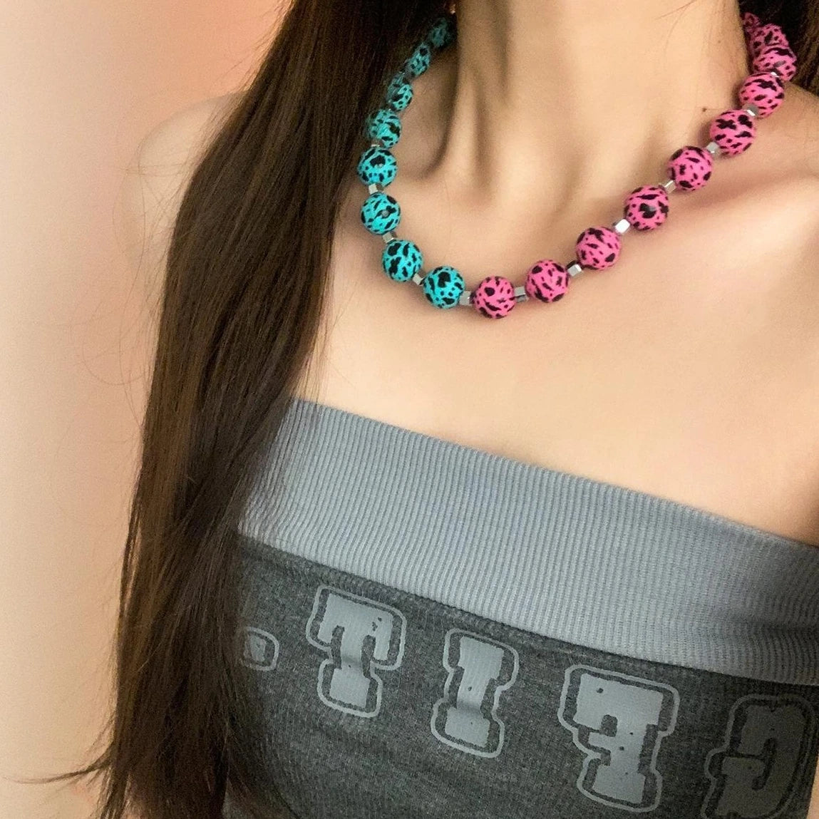 Accessories Rubber Bead Leopard Print Statement Necklace