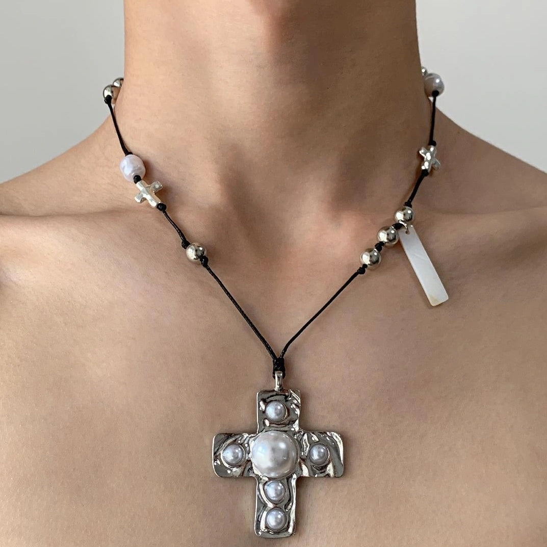 Accessories Silver Pearl Cross Pendant Necklace
