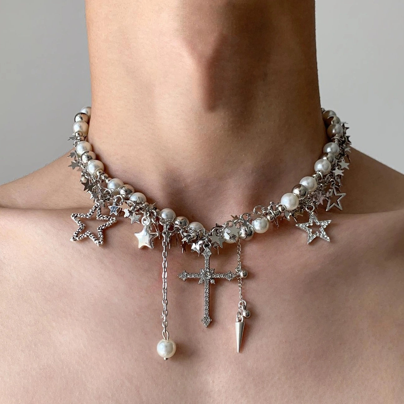 Accessories Silver Star Cross Tassel Layering Necklace