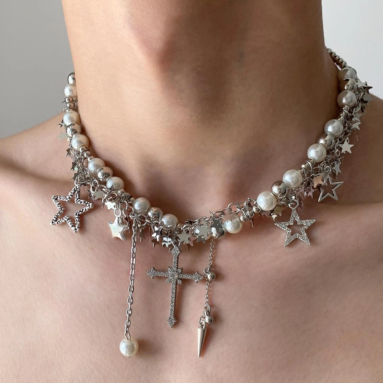 Accessories Silver Star Cross Tassel Layering Necklace