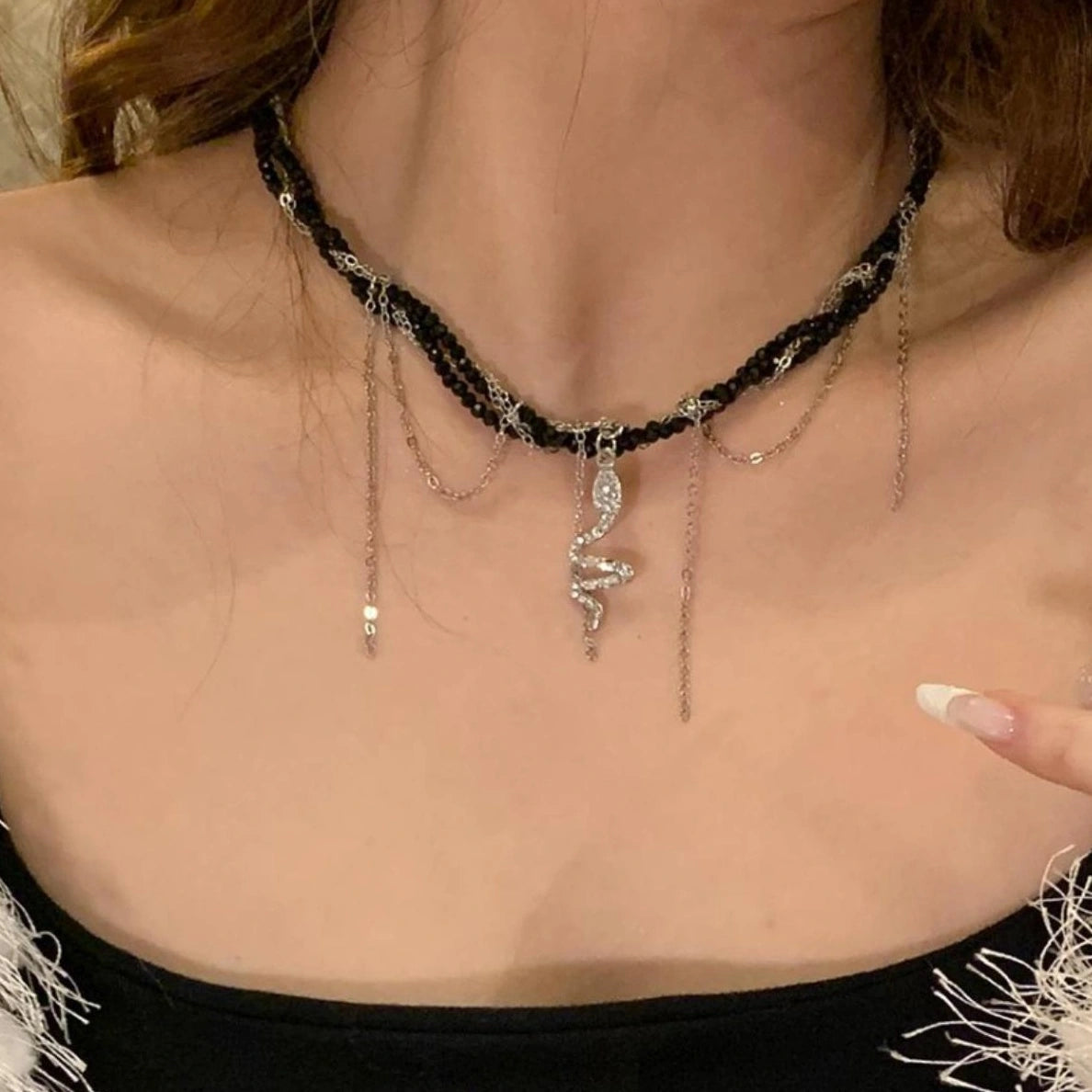 Accessories Snake Chain Fringe Crystal Choker Necklace