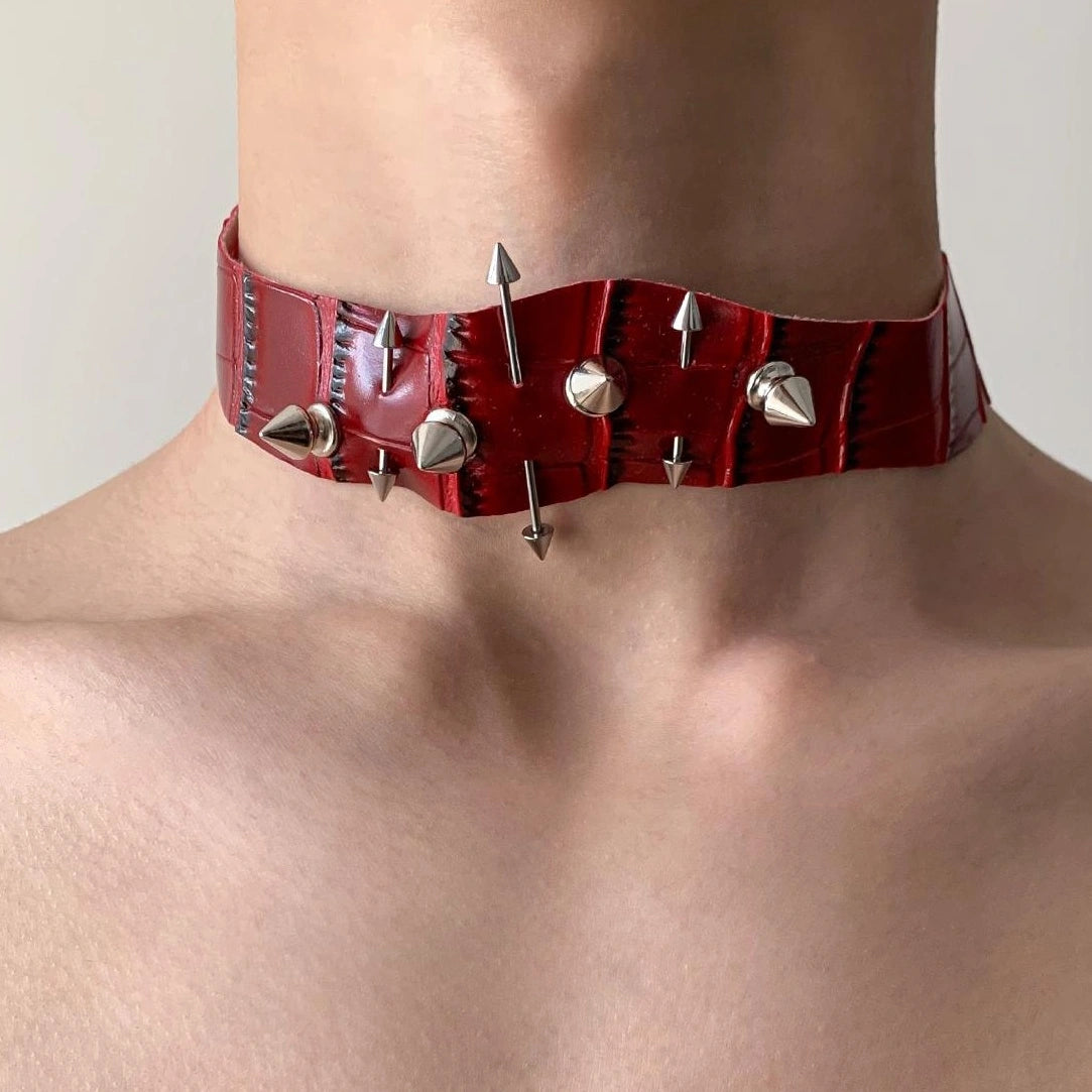 Accessories Snake Pattern Leather Choker With Irregular Rivets