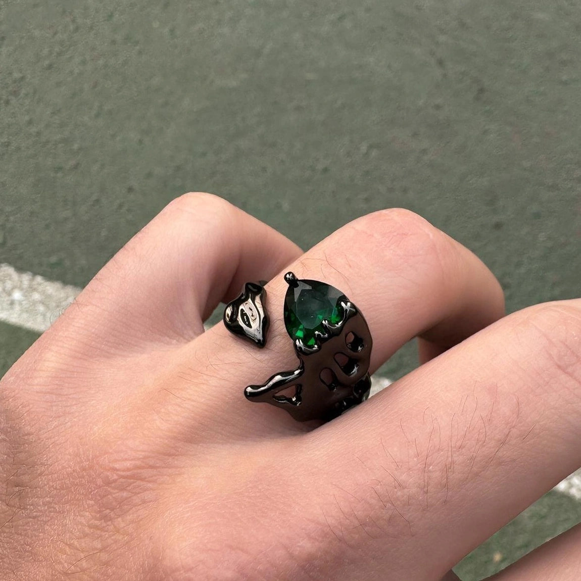 Accessories Vintage Art Deco Emerald Hollow Geometric Adjustable Ring