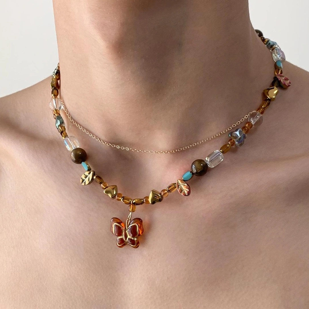Accessories Vintage Beaded Butterfly Pendant Double Layer Choker