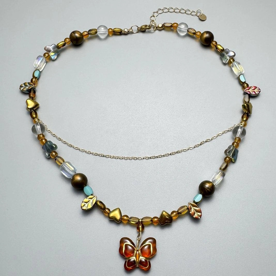 Accessories Vintage Beaded Butterfly Pendant Double Layer Choker