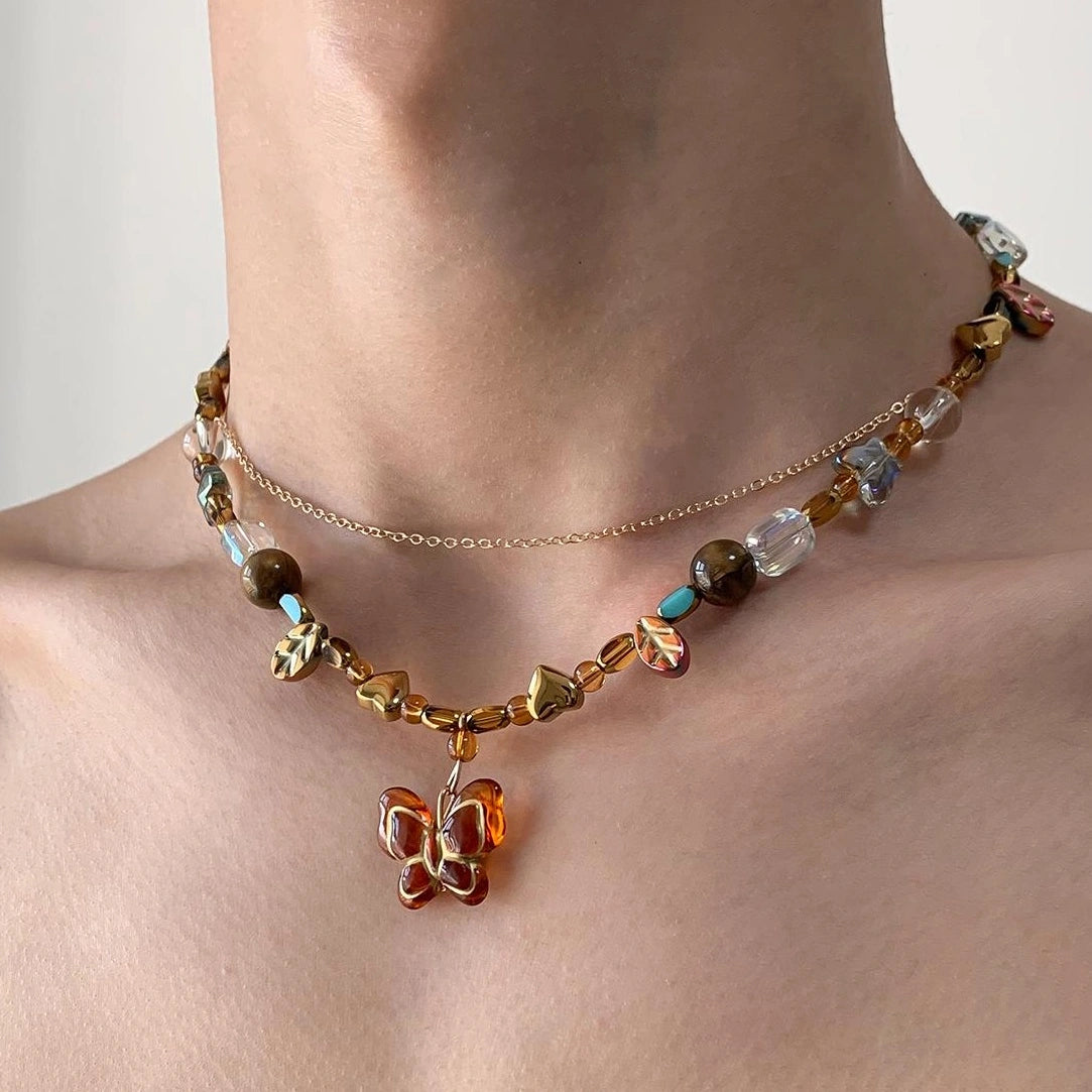 Accessories Vintage Beaded Butterfly Pendant Double Layer Choker