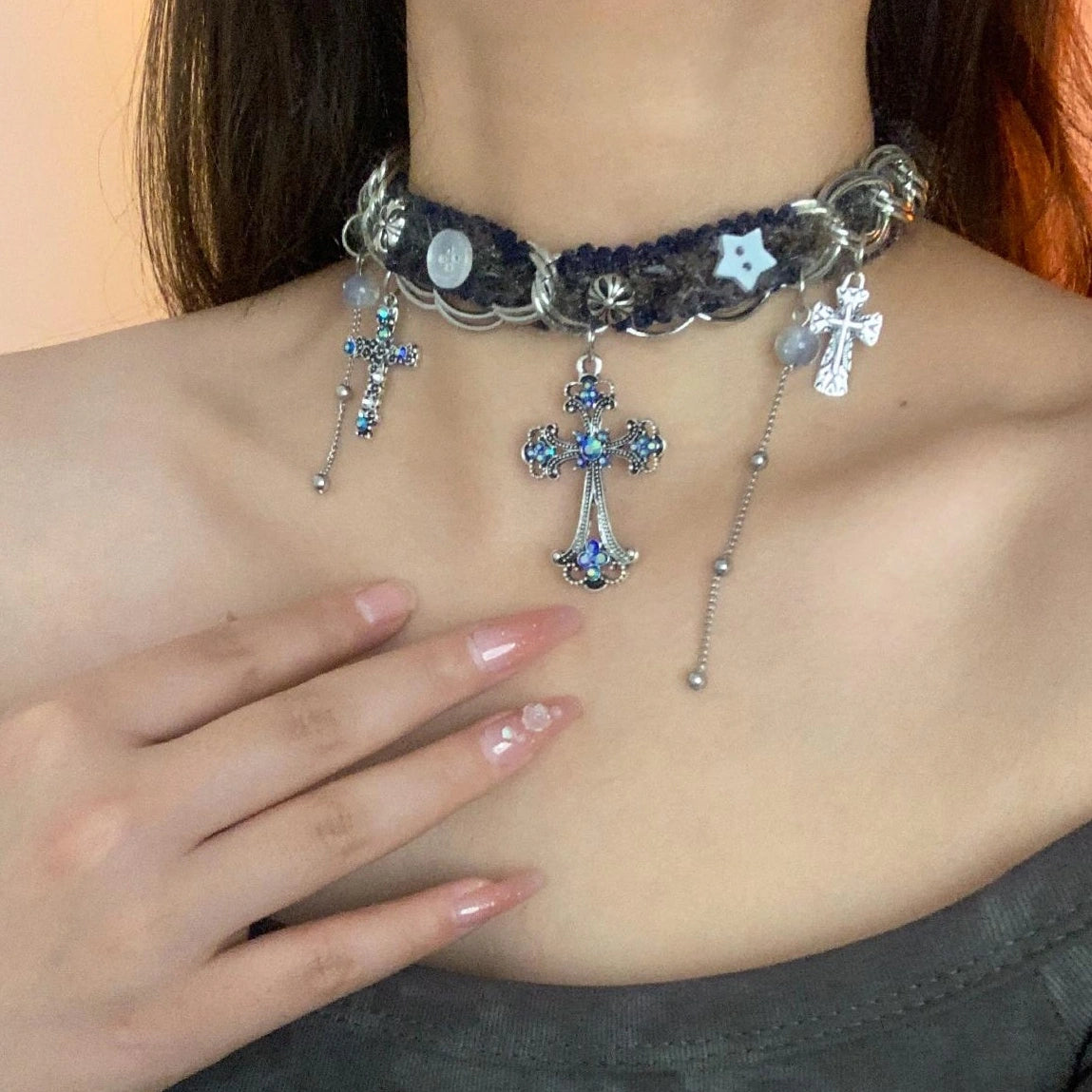 Accessories Vintage Blue Cross Choker Necklace