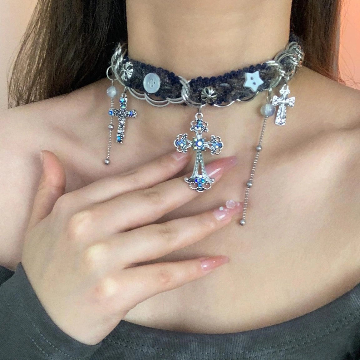 Accessories Vintage Blue Cross Choker Necklace