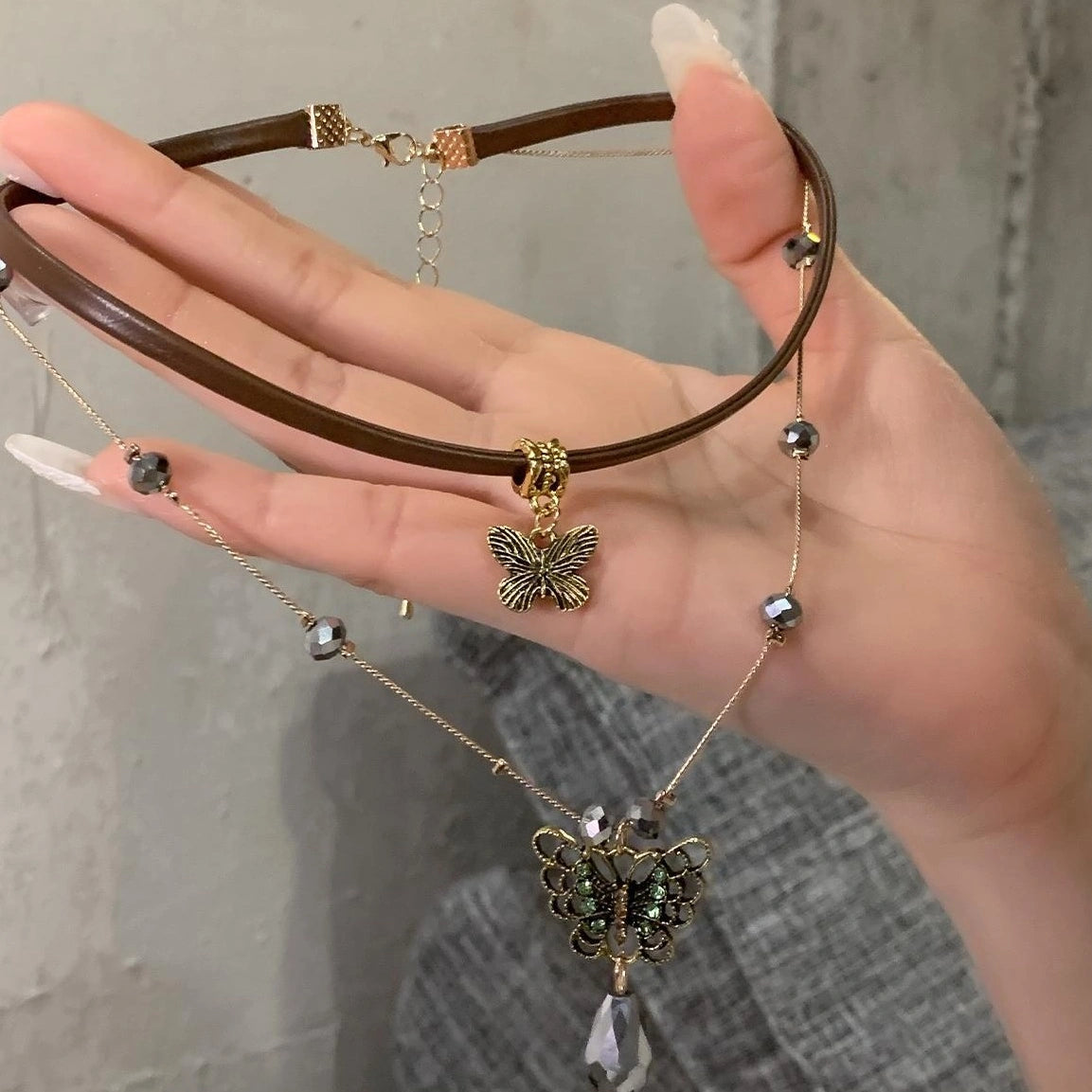 Accessories Vintage Butterfly Pendant Leather Choker Necklace