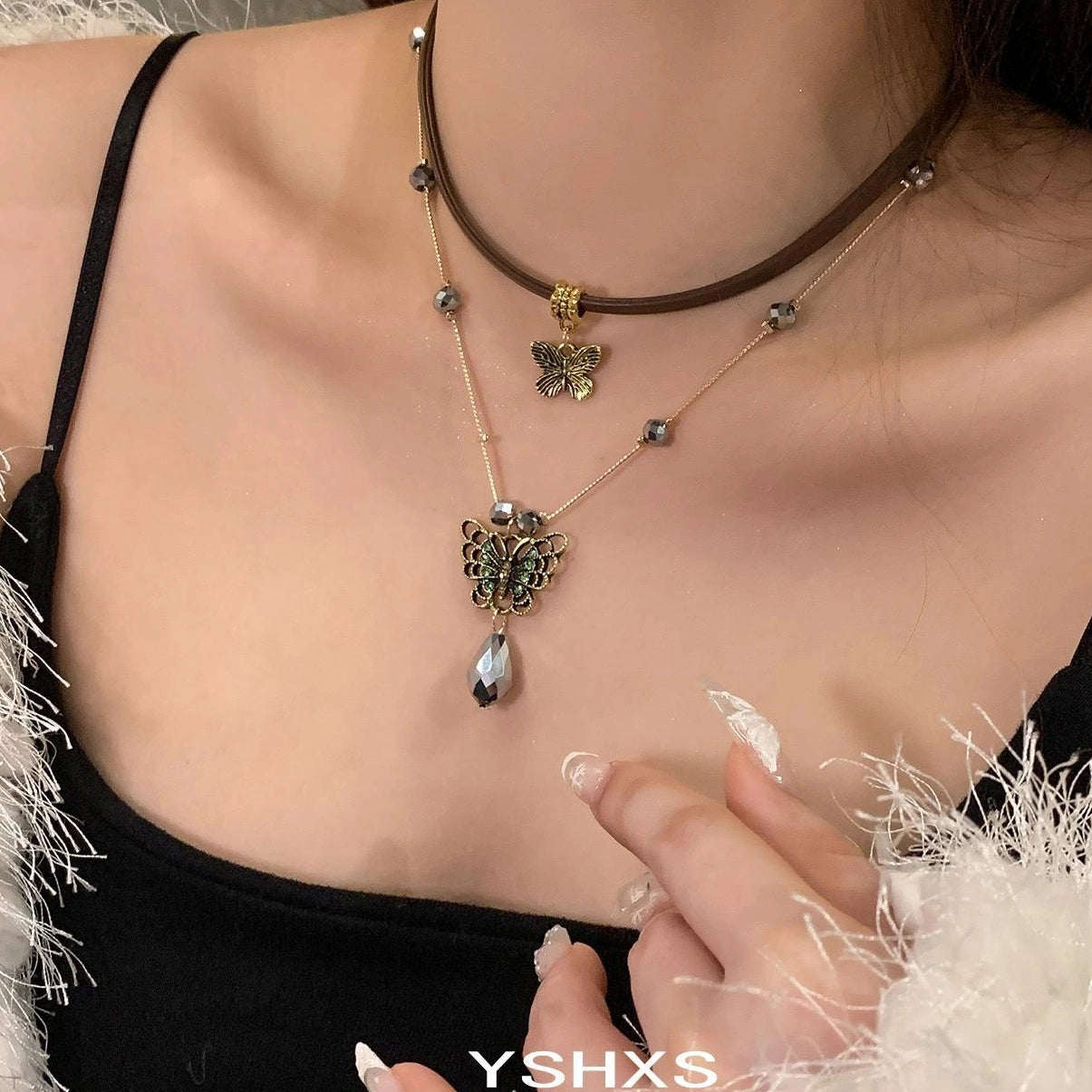 Accessories Vintage Butterfly Pendant Leather Choker Necklace