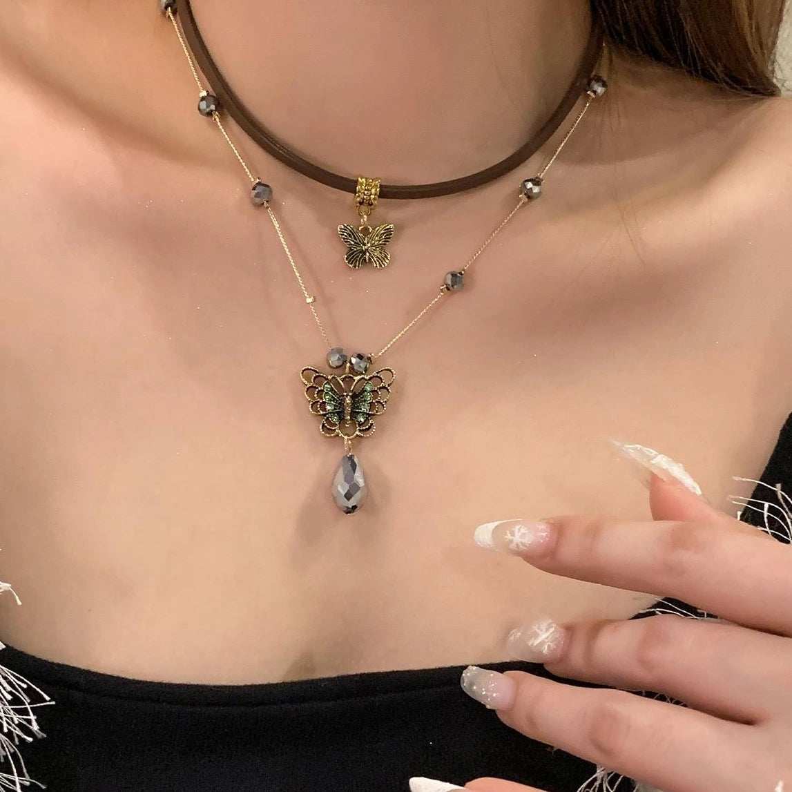 Accessories Vintage Butterfly Pendant Leather Choker Necklace