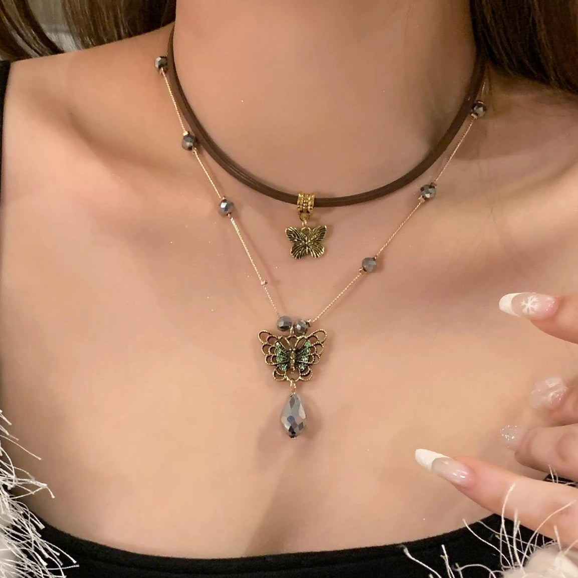 Accessories Vintage Butterfly Pendant Leather Choker Necklace