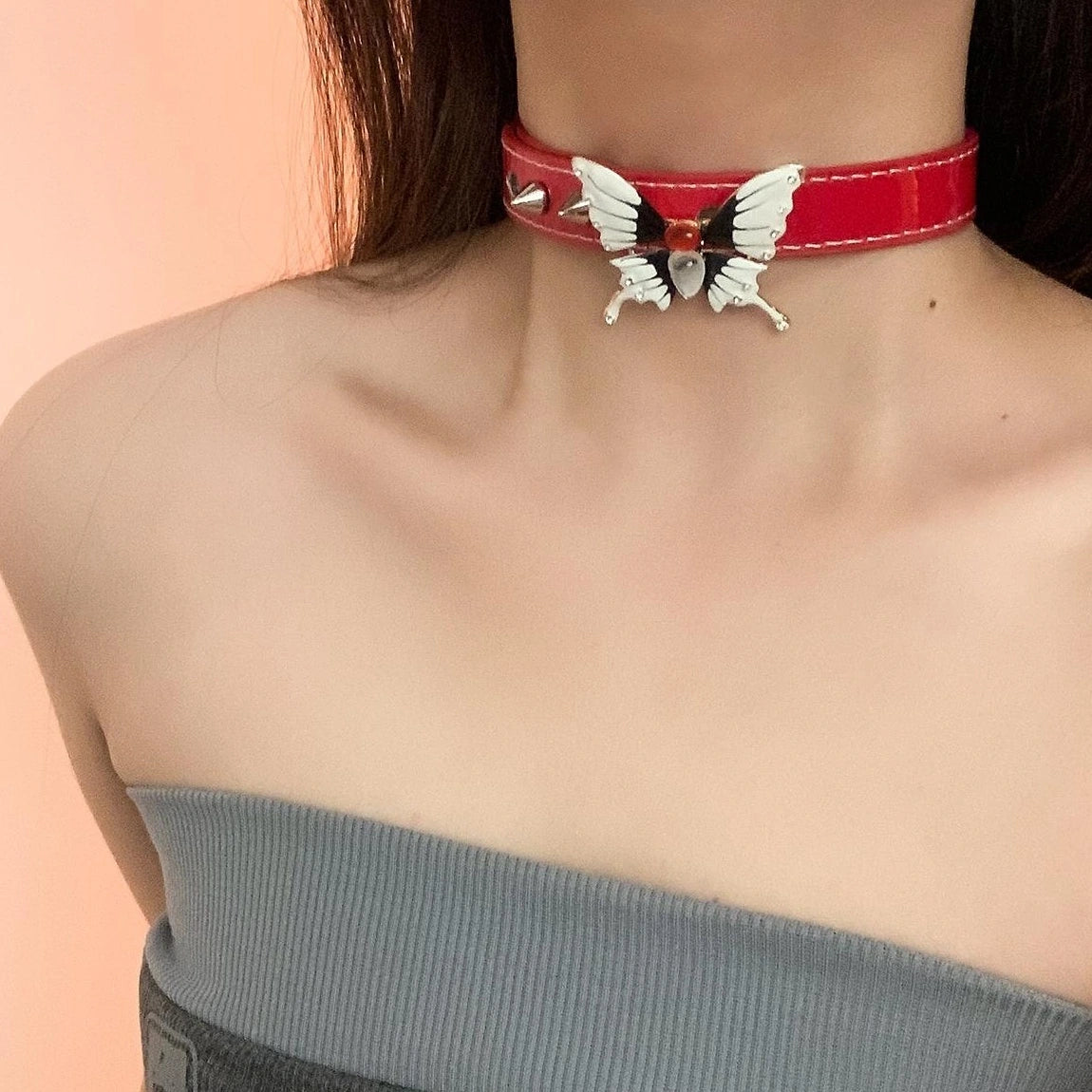 Accessories Vintage Butterfly Rivet Red Leather Gothic Choker