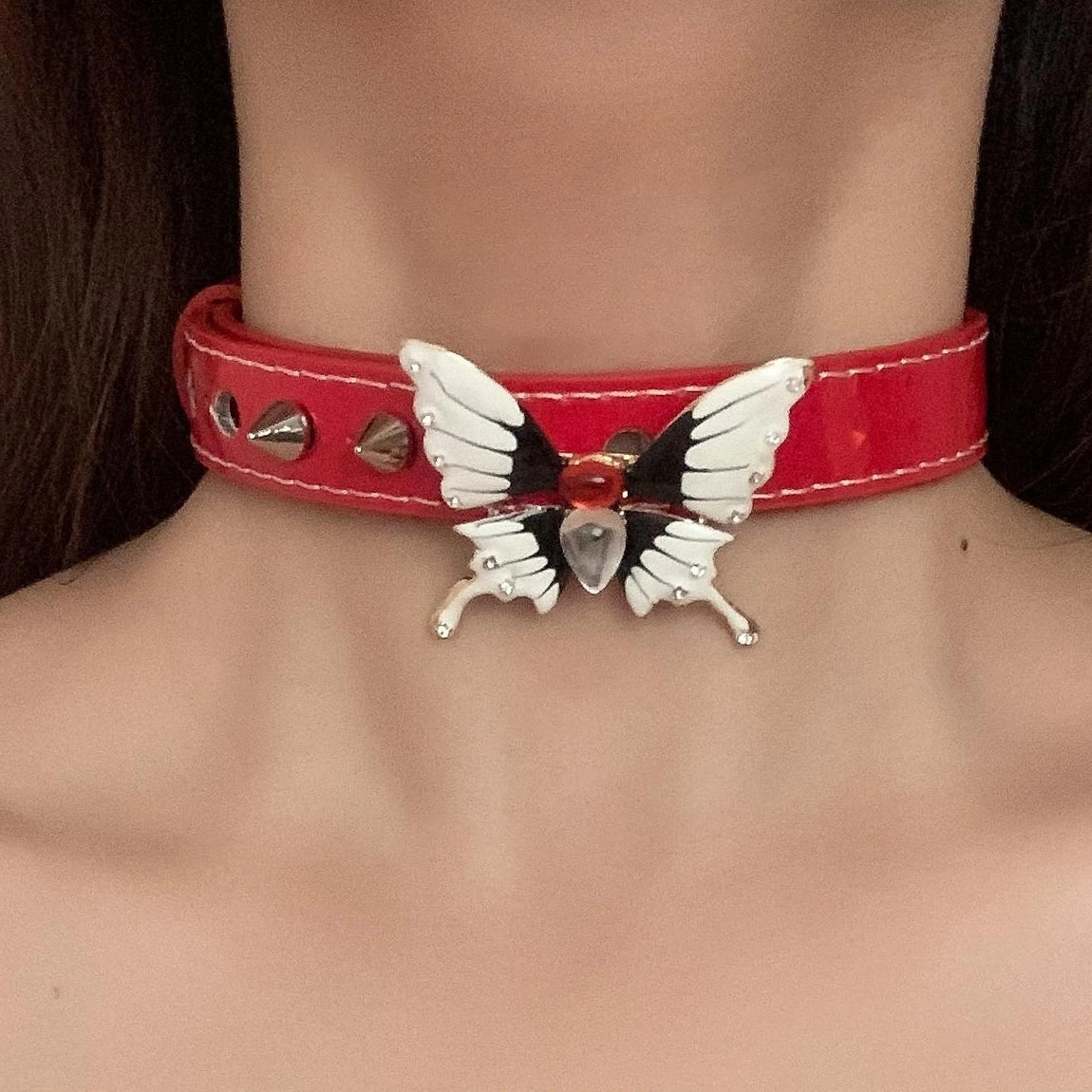 Accessories Vintage Butterfly Rivet Red Leather Gothic Choker