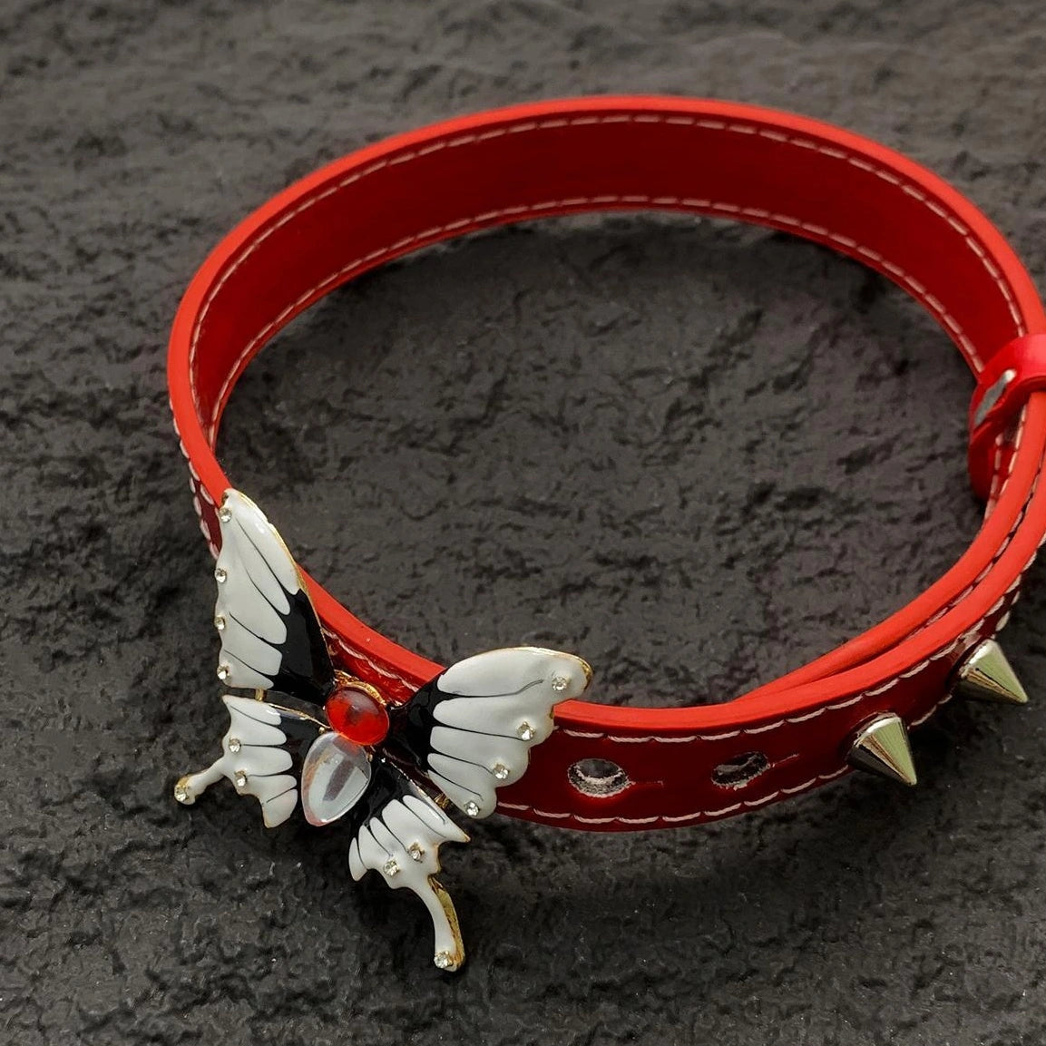 Accessories Vintage Butterfly Rivet Red Leather Gothic Choker