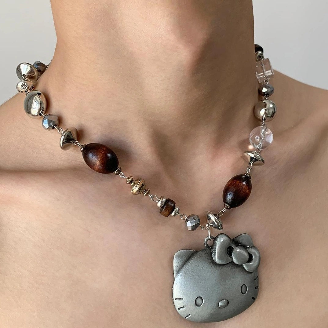 Accessories Vintage Cat Pendant Beaded Charm Necklace