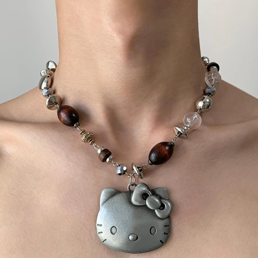 Accessories Vintage Cat Pendant Beaded Charm Necklace