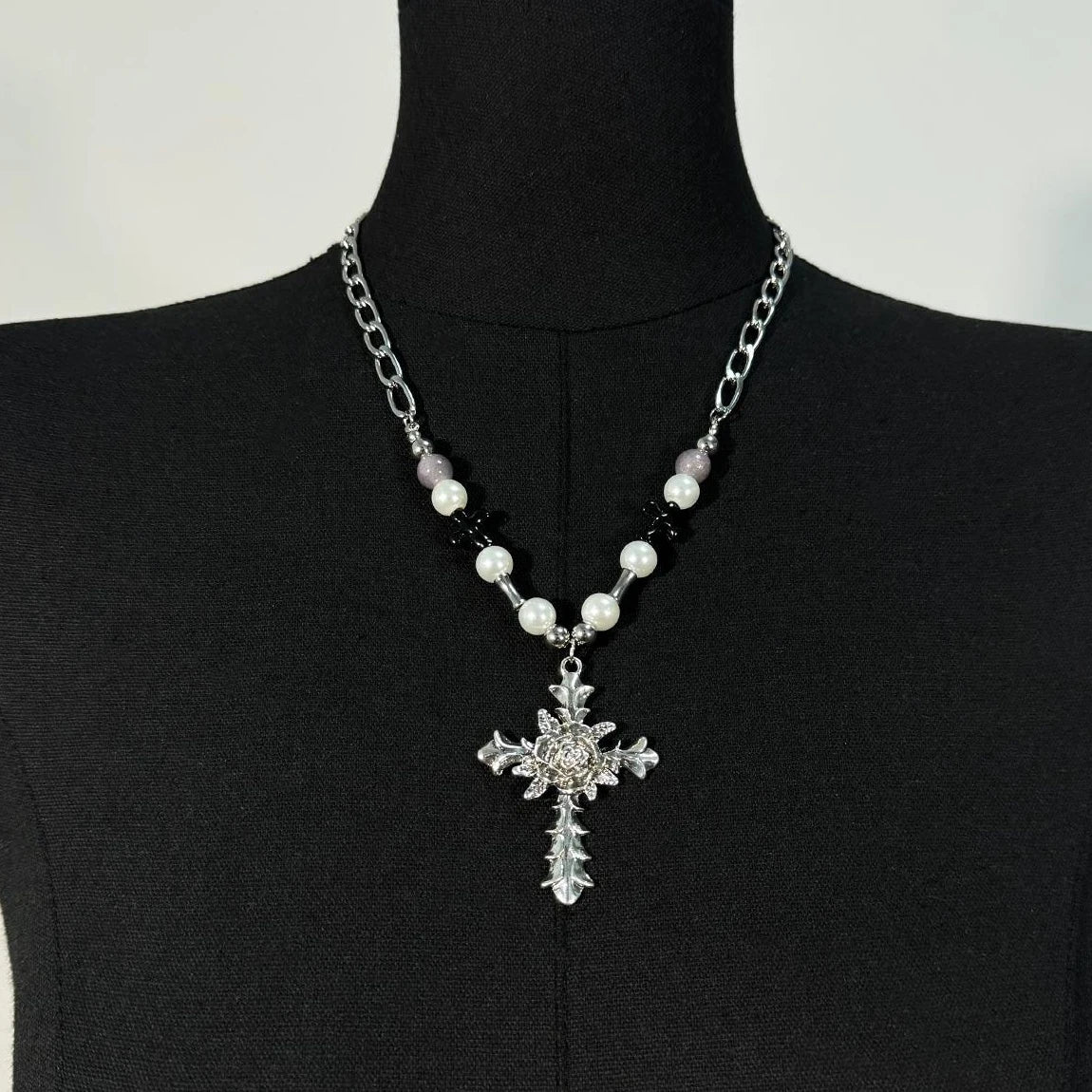 Accessories Vintage Cross Pearl Accent Choker Necklace