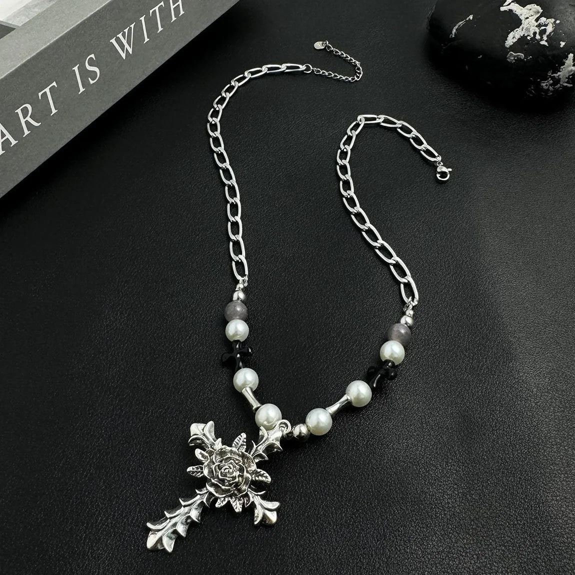 Accessories Vintage Cross Pearl Accent Choker Necklace