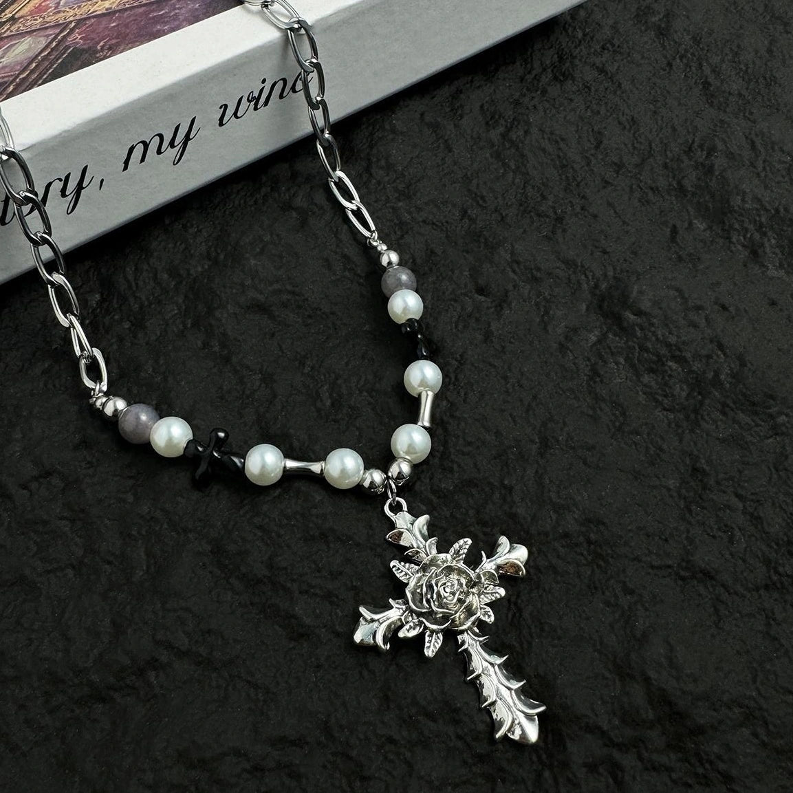 Accessories Vintage Cross Pearl Accent Choker Necklace